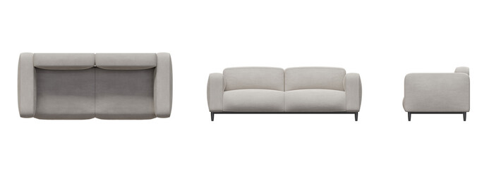 Furniture Sofa Couch Top View, Front View, Side View. Isolated Transparent Background