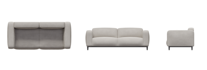 Furniture Sofa Couch Top View, Front View, Side View. Isolated Transparent Background