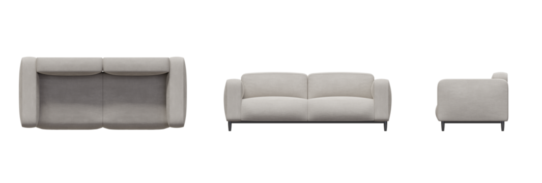 Furniture Sofa Couch Top View, Front View, Side View. Isolated Transparent Background