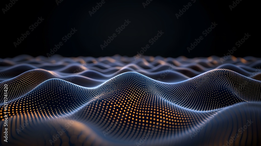 Poster the image shows a dark, abstract landscape of undulating waves composed of interconnected glowing do