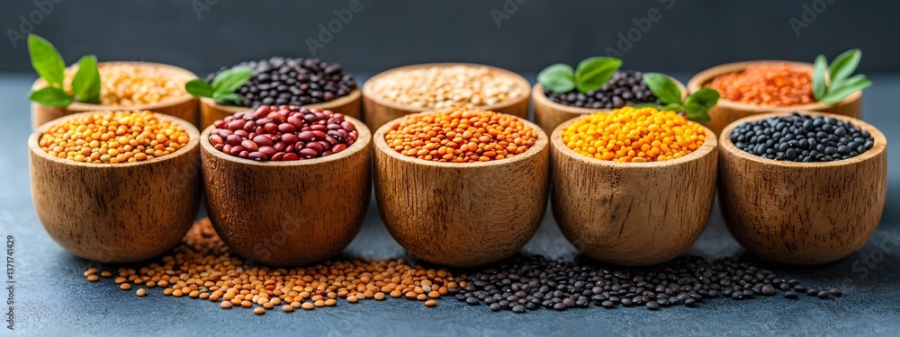 Poster a minimalist still life arrangement of various types of beans lentils and whole grains presented in 