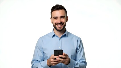 Smiling Man Holding Smartphone – Professional Studio Portrait on White Background