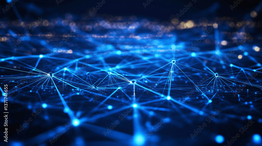 Poster a network of interconnected blue lines and nodes forming a digital landscape with bokeh effect