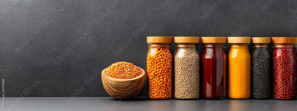 Poster a neatly arranged collection of various pulses grains and legumes displayed in an elegant minimalist
