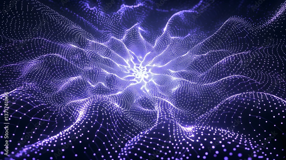 Aufkleber an abstract image depicting a dark purple, three-dimensional mesh of interconnected glowing points, 