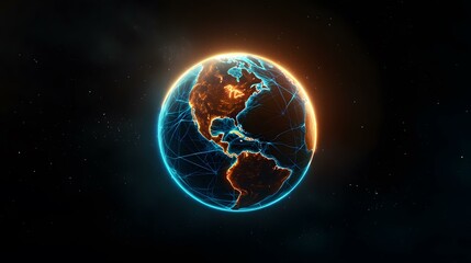 The image shows a digitally enhanced rendering of planet Earth, centered on the Americas.  The continents are depicted in warm orange tones, glowing brightly against a dark space background speckled