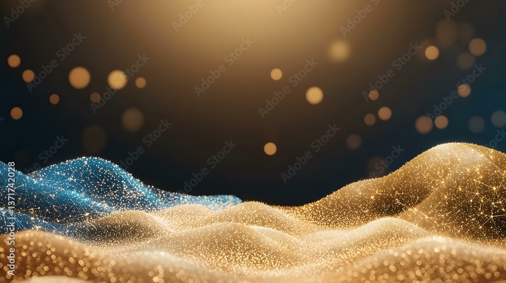 Poster an abstract image of golden and blue glowing hills against a dark background with bokeh lights.