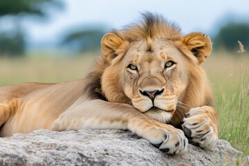 Fototapeta premium Lion resting on a rock, staring at the horizon in the African savanna