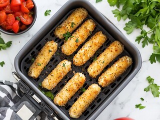 overhead clickworthy upclose mozzarella sticks in air fryer drawer on white marble background with tea towel