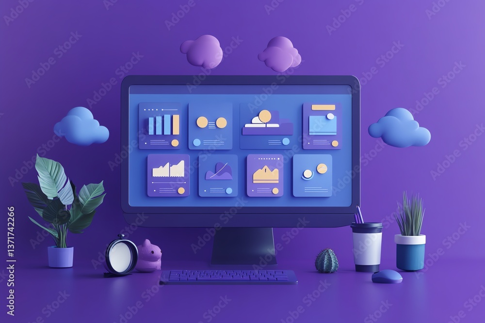 Poster data visualization: a serene desktop workspace with charts and graphs
