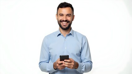 Smiling Man Holding Smartphone – Professional Studio Portrait on White Background