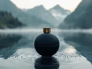 matte black perfume bottle floats on serene lake