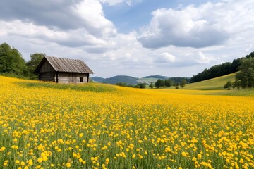 Old wooden hut standing in a field of yellow flowers under a cloudy sky