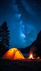 Generative AI Night Camping Under Starry Sky Illuminated Tent Scene