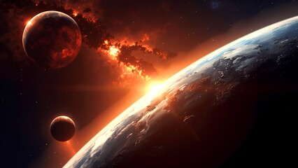 Stunning Cosmic View of Earth with Planets and Galactic Explosion