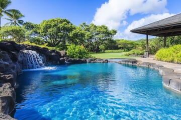 Obraz premium A peaceful tropical oasis with a small waterfall flowing into a serene lagoon