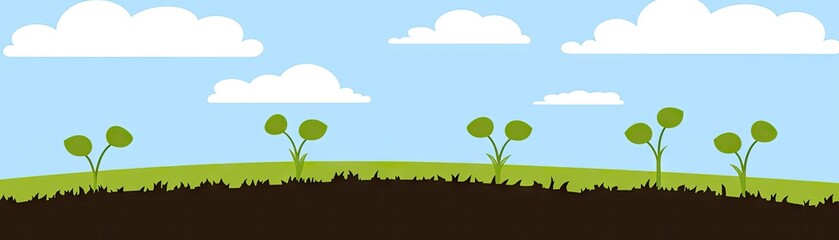 Fototapeta premium Young plants grow in field under sunny sky; nature, growth, spring, agriculture, farming