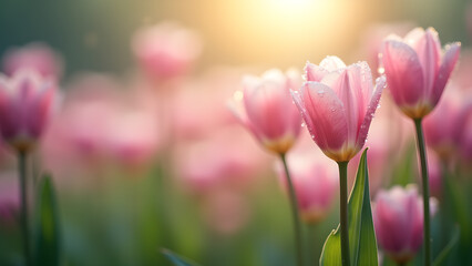 Obraz premium Dew Kissed Pink Tulips in Gentle Sunlight Glimmer