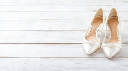 Elegant silver high heels on a rustic wooden floor, perfect for weddings or formal events.