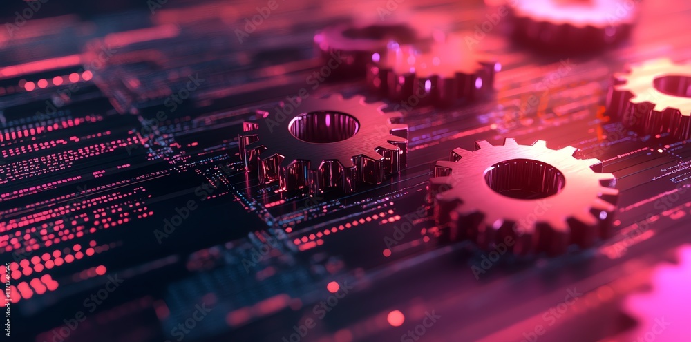 Poster metallic gears on digital circuit board: a cyberpunk-style visualization