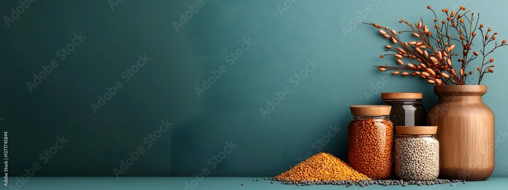 Poster a stylized japandi inspired still life featuring an assortment of wooden vessels filled with an arra