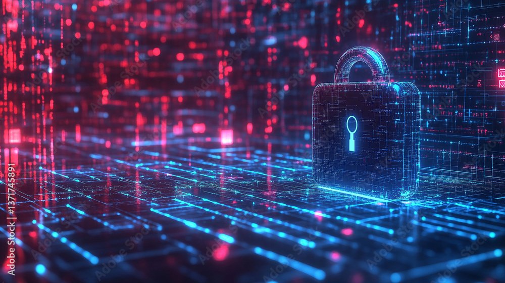 Poster digital padlock on a circuit board with red and blue lights representing data security online