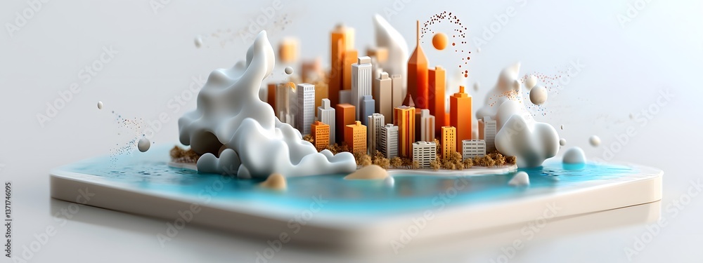 Poster a three dimensional digital depicting a stylized cityscape representing the varying levels of urbani