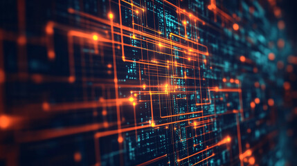 Obraz premium Abstract technology background with glowing orange lines and blue digital elements on dark surface