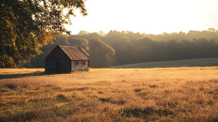 Fototapeta premium Serene countryside scene featuring a rustic wooden cabin surrounded by golden fields at sunset