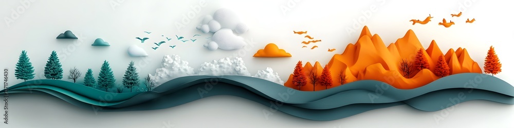 Poster a vibrant abstract composed of layered paper elements depicting a serene mountain landscape with dyn
