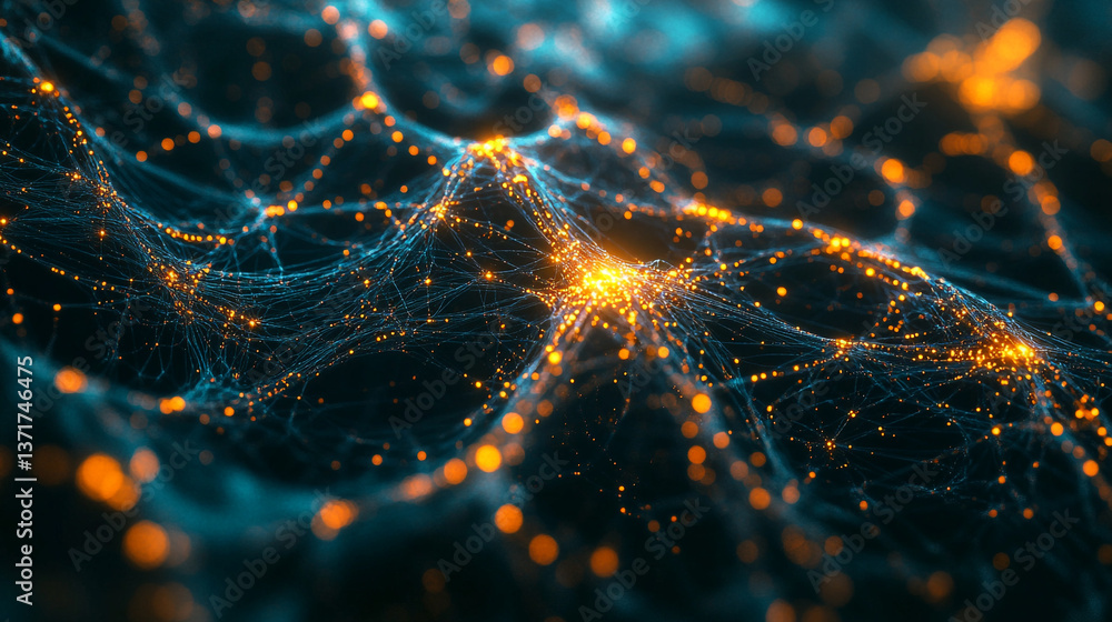 Poster abstract network with glowing nodes and connecting lines in shades of teal and orange hues
