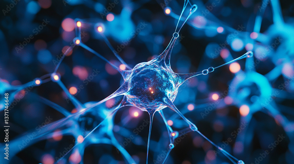 Poster close up of a neuron cell with blue and orange lights connecting to other neuron cells in the backgr