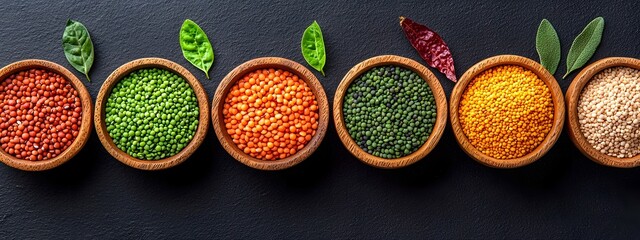 Naklejka premium A vibrant and visually striking still life featuring an array of colorful legumes lentils and hearty grains arranged in handcrafted wooden bowls