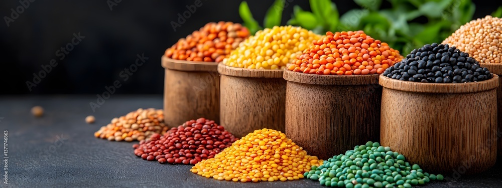 Poster A vibrant display of various types of beans lentils and other grains neatly arranged in a row of wooden containers against a simple dark background