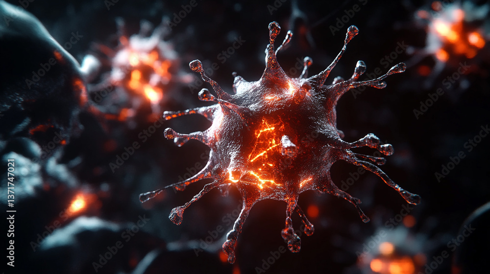 Aufkleber close up rendering of multiple virus cells with spikes and glowing red interiors on dark background