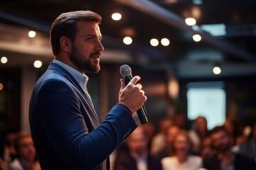 Orator's Address: A charismatic orator captivates an audience, delivering a passionate speech with microphone in hand, conveying confidence and eloquence in a professional setting.
