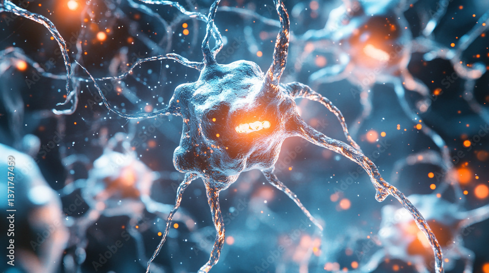 Poster abstract rendering of neurons with glowing orange centers and blue branching axons in dark space