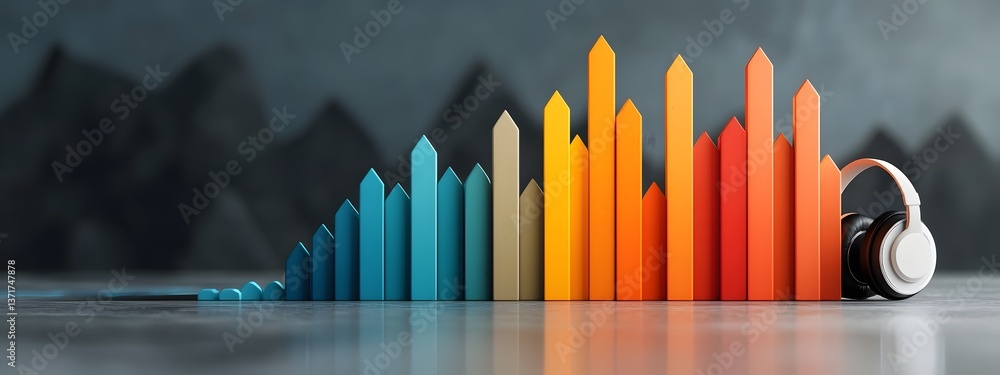 Poster a visually striking 3d rendering of a colorful graph depicting the frequency spectrum from low to hi
