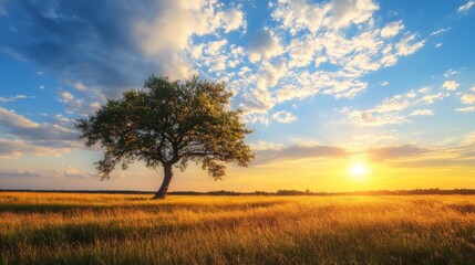 Lonely tree in a field with a sunset in the background
