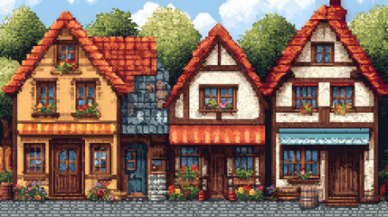 Fototapeta premium Pixel Art European Townscape with Colorful Buildings Brick Houses and Cobblestone Street Featuring Vintage Style Architecture