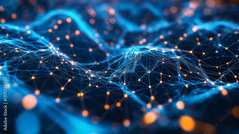 Poster abstract blue network with orange nodes and glowing connections on a dark background visually stunni