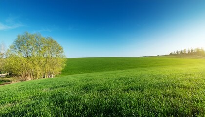 Fototapeta premium 春の草原と青空が広がり、隅に見える若葉が春の芽吹きと新しい始まりを感じさせるシンプルで穏やかな風景