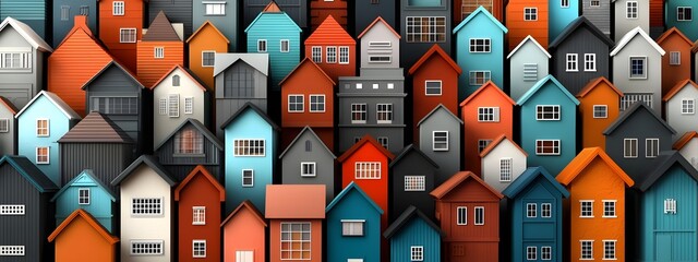A visually striking depicting a diverse collection of stylized geometrically patterned buildings homes and urban structures creating a harmonious and visually engaging architectural composition