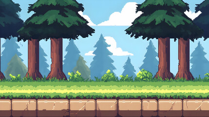 Pixel Art Forest Landscape with Green Trees Blue Sky and Grassy Meadow in a Seamless Design with a Stone Pathway