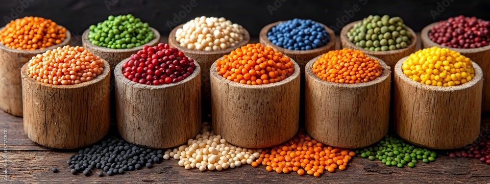 Aufkleber A visually striking display of an assortment of colorful pulses including beans lentils and peas presented in elegant rustic wooden containers against a clean and minimal backdrop
