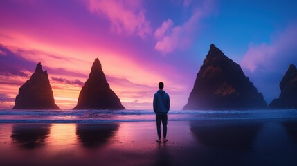 Freedom Traveler standing on a beach at sunset, feeling liberated and free amidst nature s beauty.