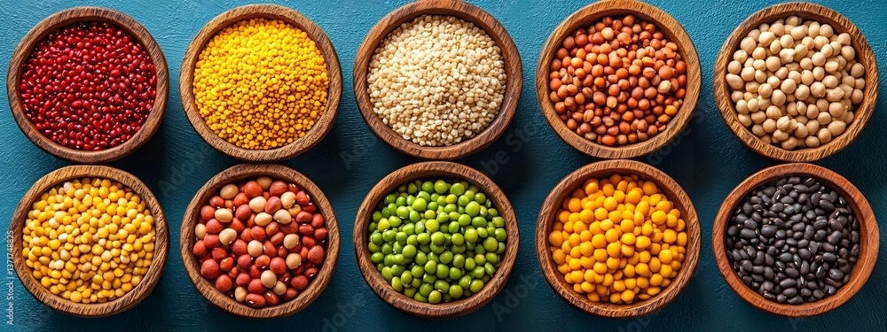 Poster a visually striking still life composition featuring an array of healthy organic grains pulses and l