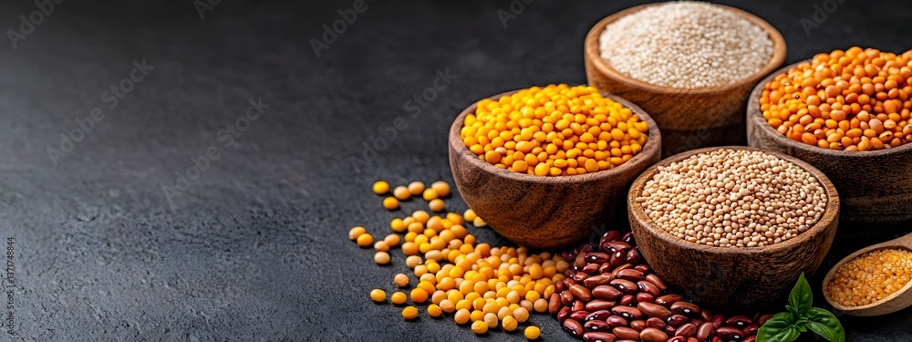 Poster a visually striking still life composition featuring an array of nutritious grains legumes and beans
