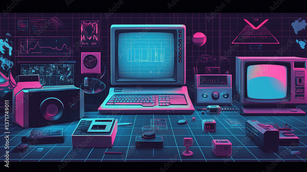 Poster retro technology setup with computer camera and monitors in neon pink and blue lighting