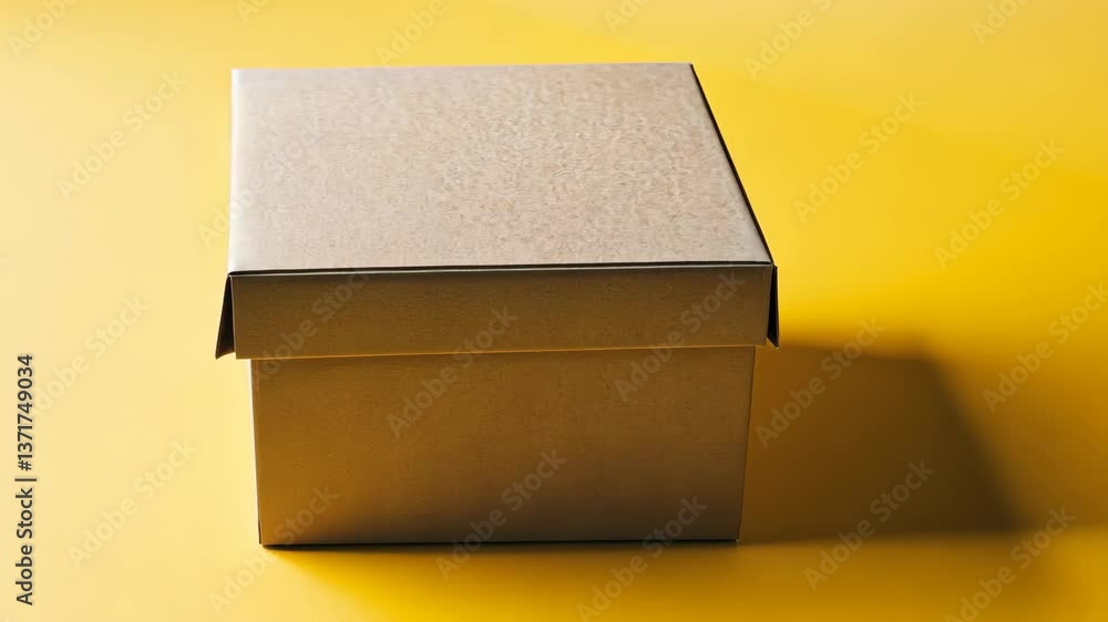 Poster simple brown box placed on a vibrant yellow surface with soft shadows in a well-lit environment
